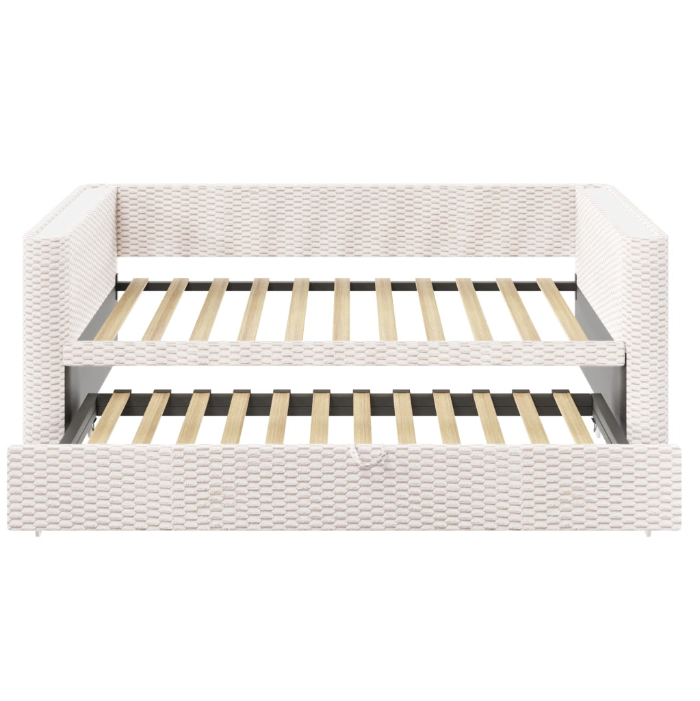 Divano letto 90x200 cm con LED e design estraibile in velluto beige