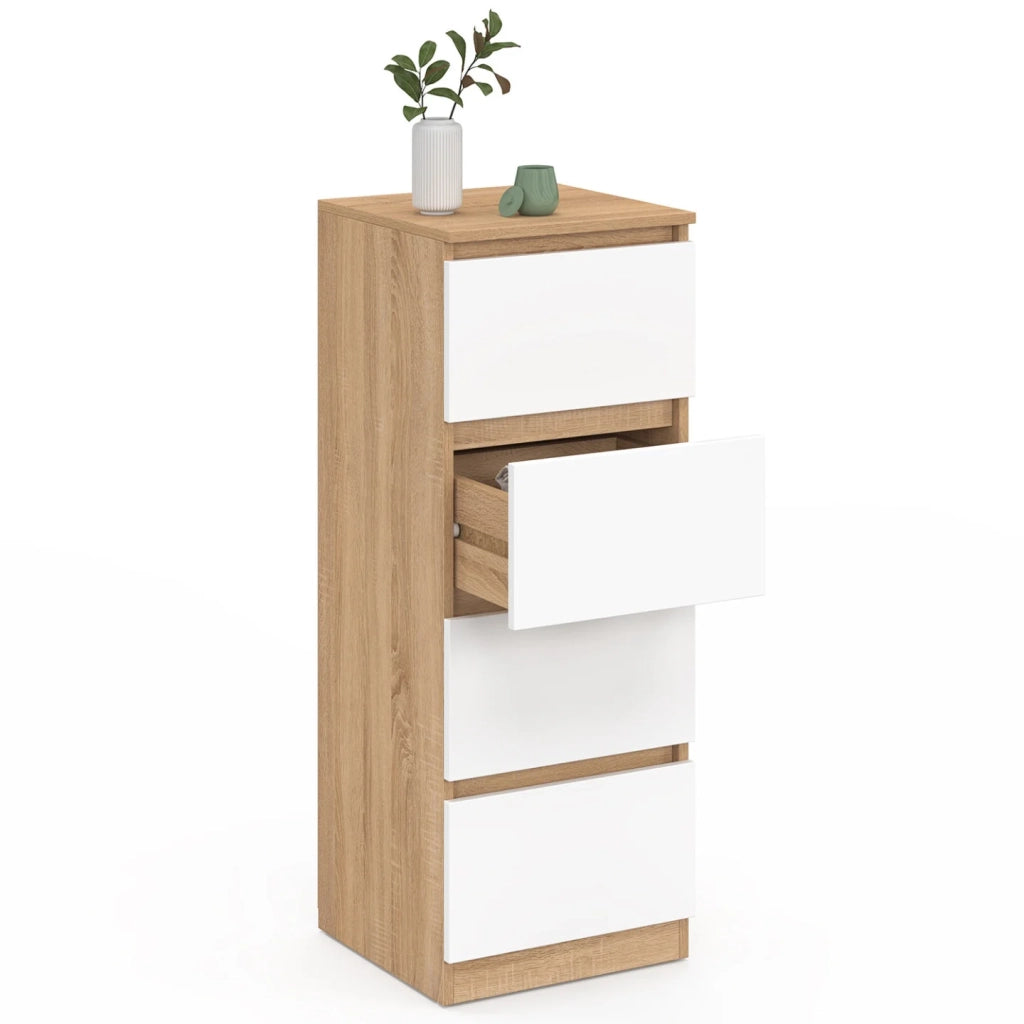 IDMarket - Mobile laterale a 4 cassetti TOMI 30 cm in faggio e chiffoniera bianca per ingresso bagno