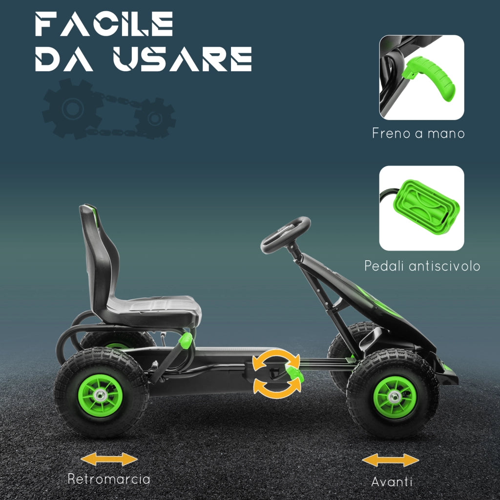 Go Kart a Pedali per Bambini 5-12 Anni con Sedile Regolabile. in Metallo e PP 121x58x61 cm. Verde e Nero