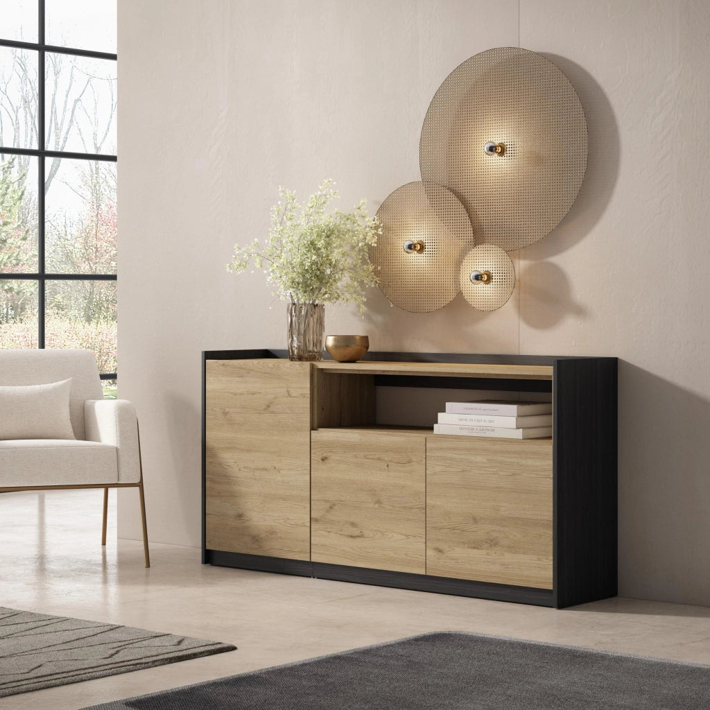 Credenza, Mobile, Cucina, 156x80x37 cm, 3 Porte, grande stoccaggio, Rovere e nero