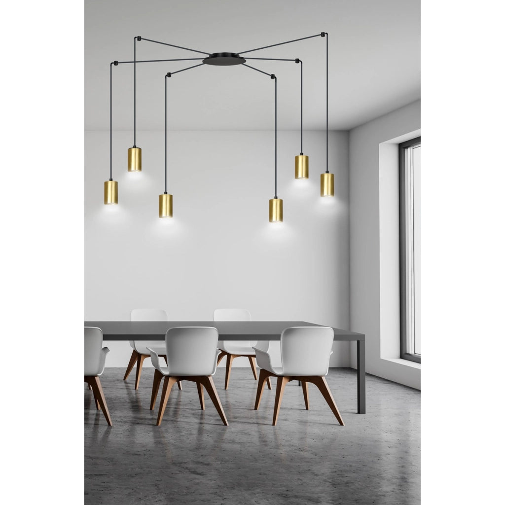 Lampada a sospensione Traker in acciaio nero opaco e oro