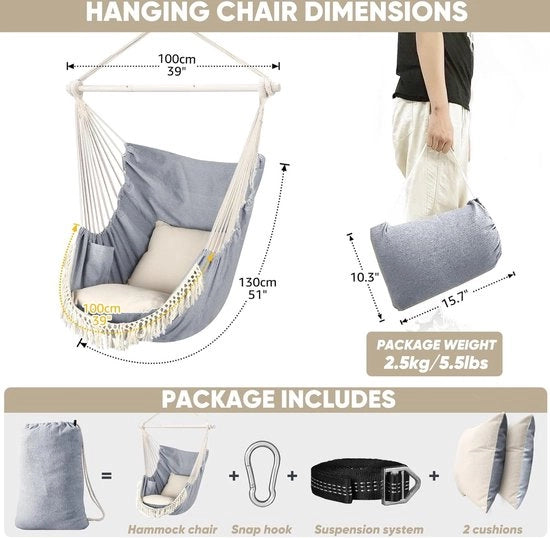 Sedia a Sospensione con Supporto in Acciaio con Incisioni Antiscivolo, Inclusi 2 Cuscini, Capacità di 500lb, Sedia a Sospensione Macramè Bohémien Indoor/Outdoor