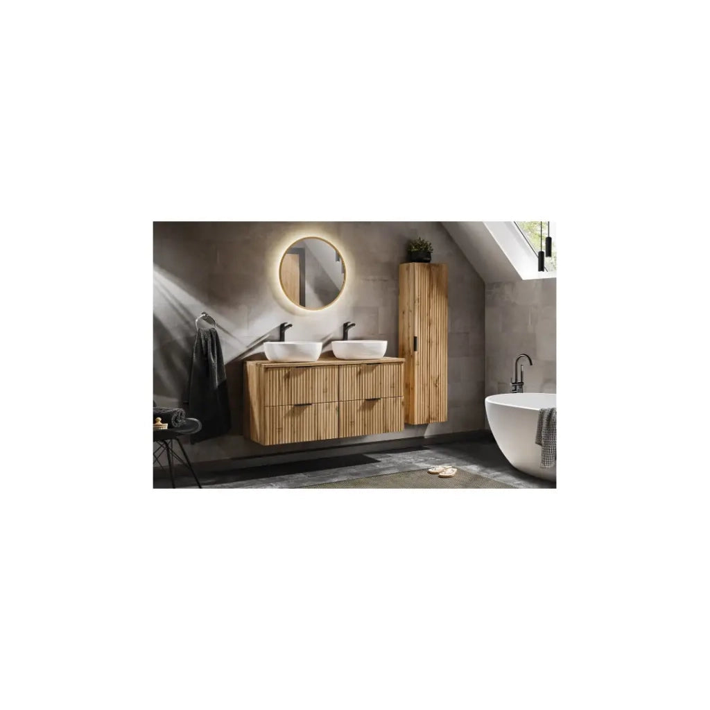 Set da bagno NOXERA 120 cm – Rovere wotan – 2 lavabi da appoggio, colonna e specchio LED