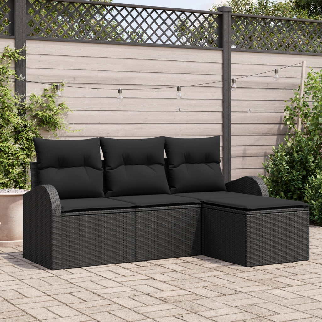 Set di Divani da Giardino 4 Pezzi con Cuscini Nero Polyrattan