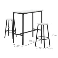 Set 3 Pezzi con Tavolo Rettangolare e 2 Sgabelli da Bar in Truciolato, MDF e Acciaio, Bianco e Nero