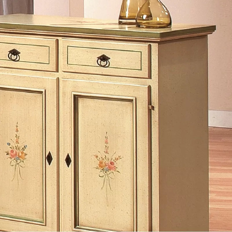 Credenza 2 porte 2 cassetti legno shabby avorio patinato filo verde 90x40x94 (1331) - Mobili 2G