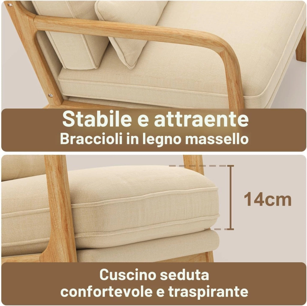 Poltrona da Salotto in Legno di Caucciù,Poltroncina Camera da Letto,con Cuscino Sfoderabile e Schienale con Braccioli con cuscino lombare,82 x 65 x 75CM, Beige
