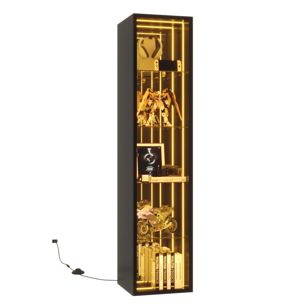 Vetrina con LED 1 anta 5 vani e ripiani regolabili in vetro temperato alluminio e MDF nero 30 × 30 × 160 cm