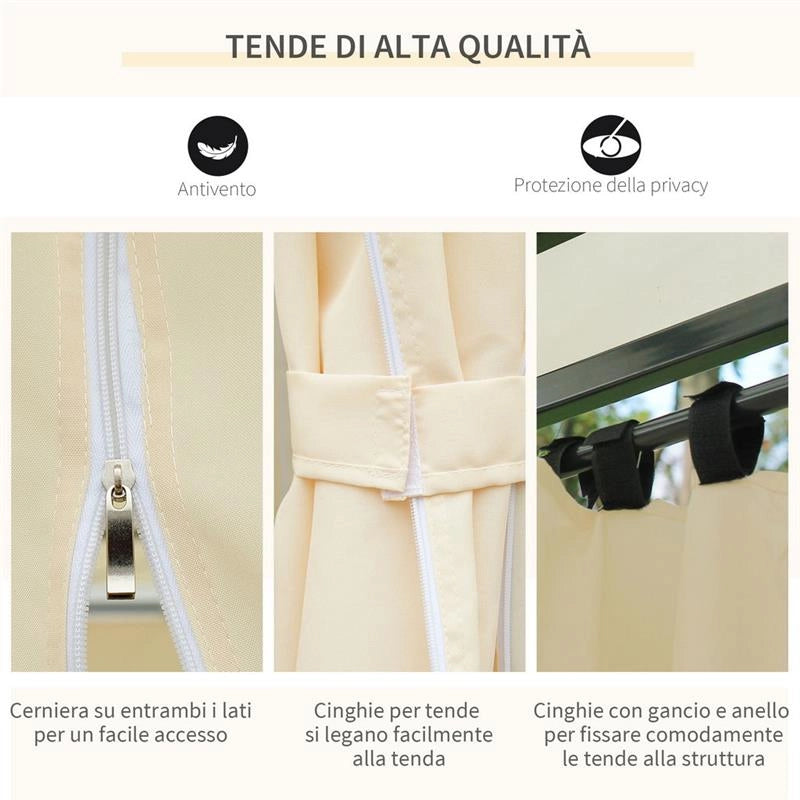 GAZEBO DA GIARDINO 3X4 M CON TENDE E TETTO A 2 LIVELLI BIANCO CREMA