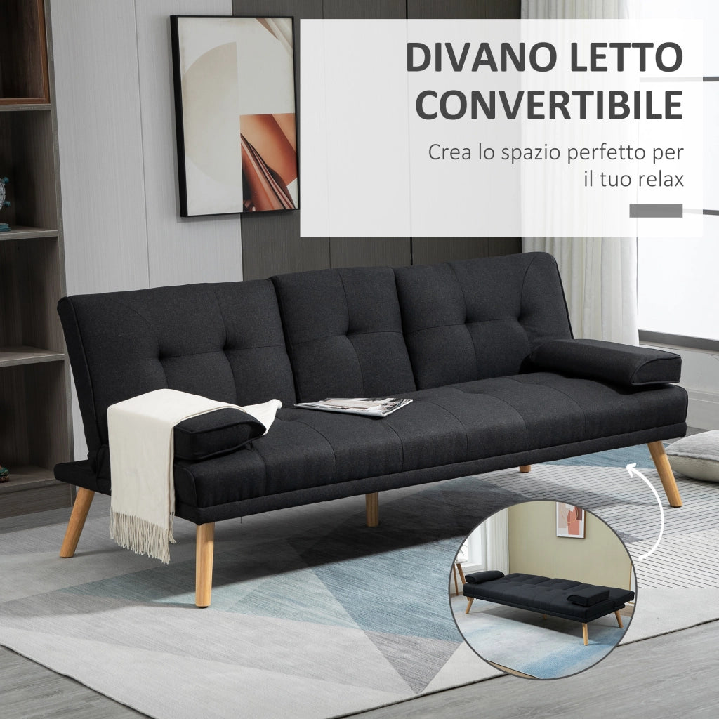 Divano Letto 3 Posti Reclinabile con Rivestimento Effetto Lino e Tavolino a Ribalta, Grigio