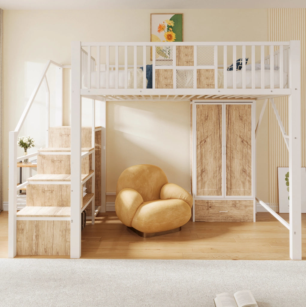 Letto a soppalco 140x200 cm con armadio, cassetto e scala contenitore