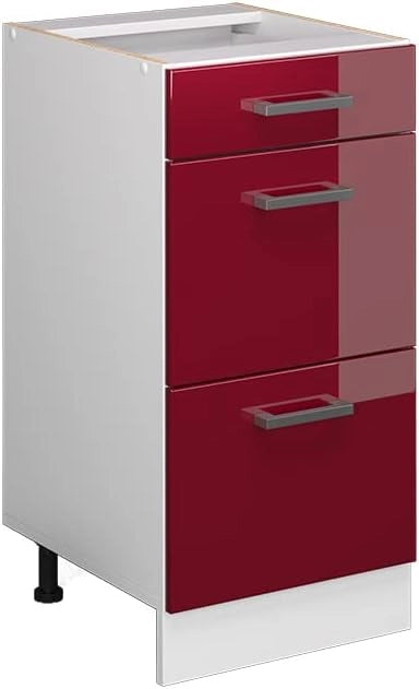 Mobiletto base per cucina R-Line, Rosso lucido, 40 cm con cassetti, senza piano di lavoro, per la libera combinazione all'interno di sistemi cucina modulari