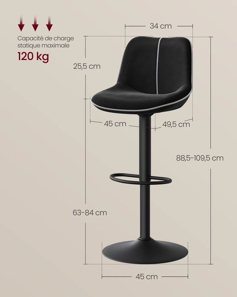 Set di 2 sgabelli da bar girevoli regolabili in altezza con schienale ergonomico in velluto e moderna base in metallo per isola cucina o bar nero 12_0006263