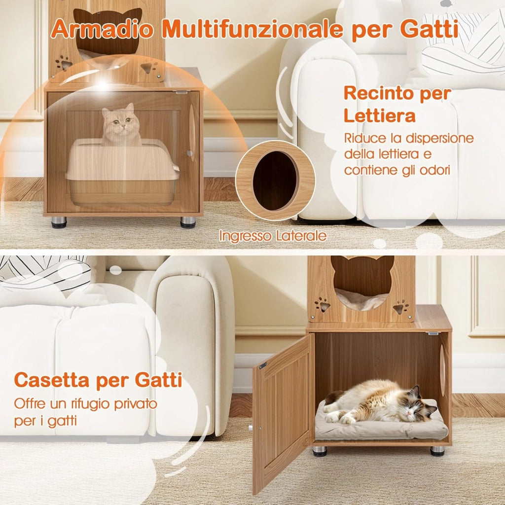 Albero per Gatti Alto 256-275 cm, Tiragraffi per Gatti con Lettiera, Capsula Spaziale, Condominio, Pali Graffiatori in Sisal e Piattaforme per Salto, Mobile per Gattini da Interno