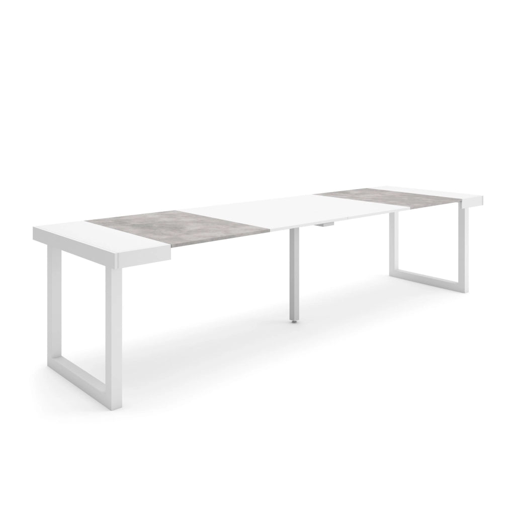 Consolle allungabile, 302x90x73cm, Per 14 persone, Gambe in legno, Bianco e grigio cemento RF2968