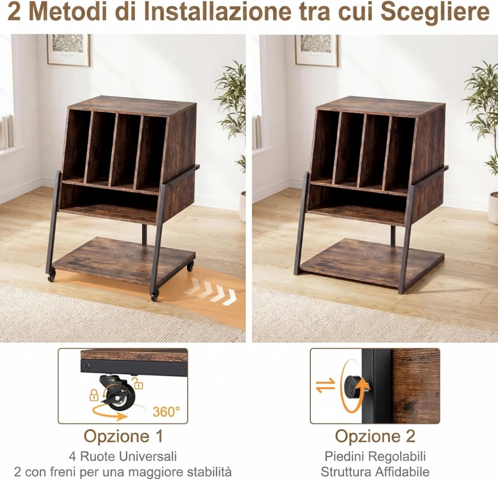 Supporto per Giradischi, Mobile Porta Giradischi con 4 Scomparti e Ripiani Aperti, Scaffale per Dischi in Legno con Ruote e Piedini Regolabili (Marrone Rustico, Nessuna Presa di Corrente)