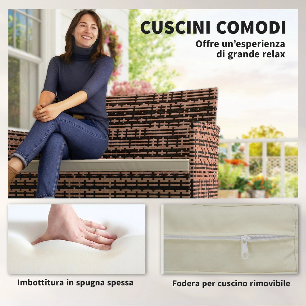 Divano da Giardino 2 Posti 115x63x85 cm con Cuscini e Tappetini Antiscivolo in Rattan e Acciaio Beige