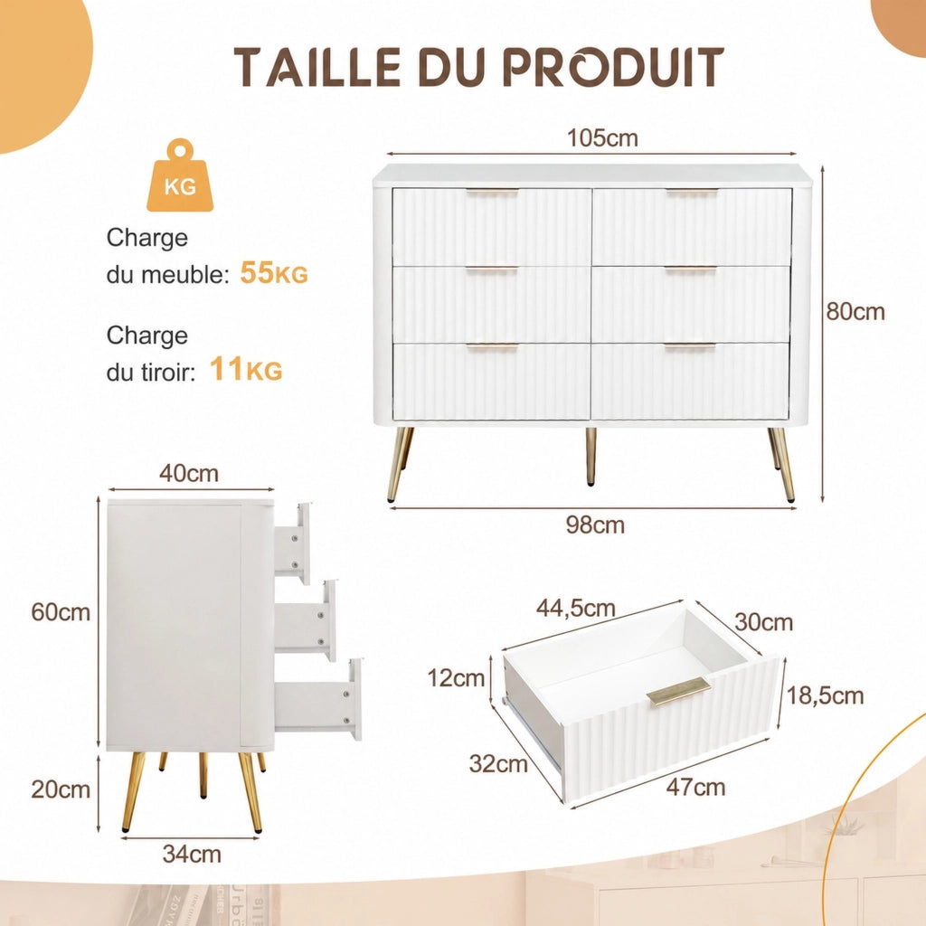 Cassettiera con 6 cassetti e guide ammortizzate, maniglie in metallo, per camera da letto, bianco, 105 × 40 × 80 cm