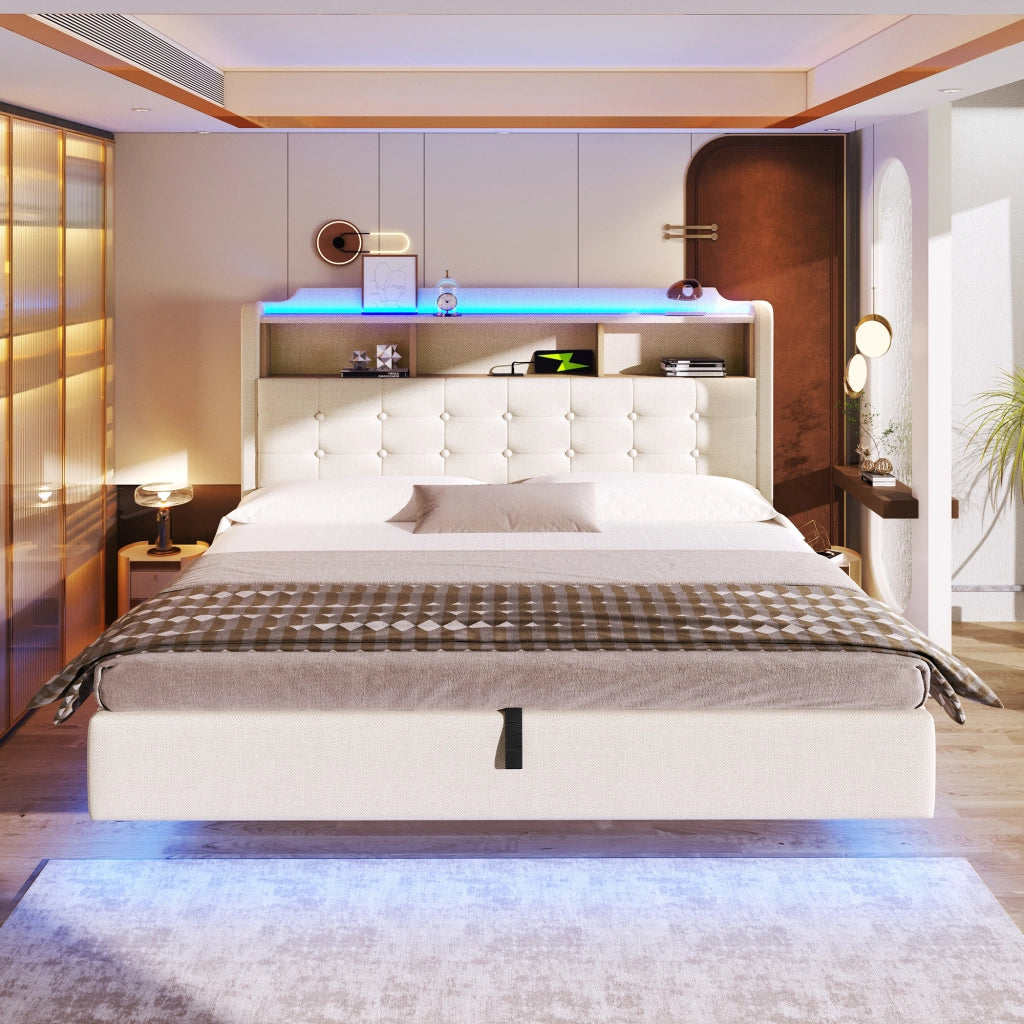 Letto matrimoniale contenitore 180x200 cm effetto sospeso con LED; testiera portaoggetti; USB e USB-C; lino beige