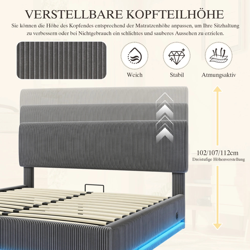 Letto imbottito matrimoniale 160x200 cm in velluto corduroy grigio scuro con LED; USB-C e testiera regolabile