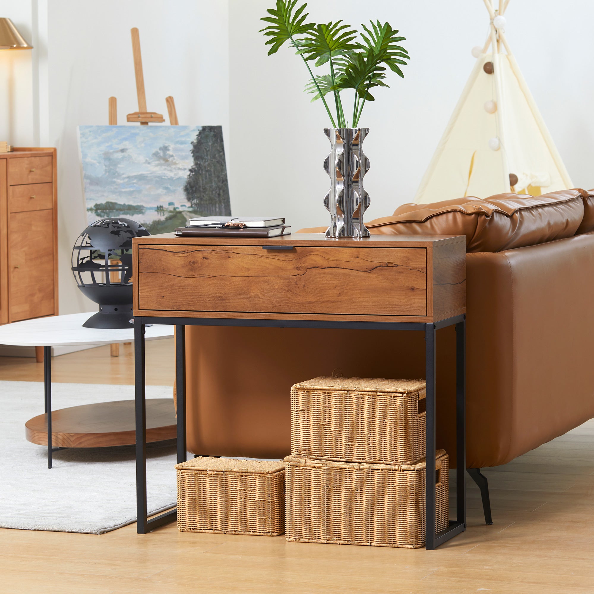 Consolle da Ingresso 80x30x76 cm con Cassetto con Gambe in Metallo Color Legno e Nero