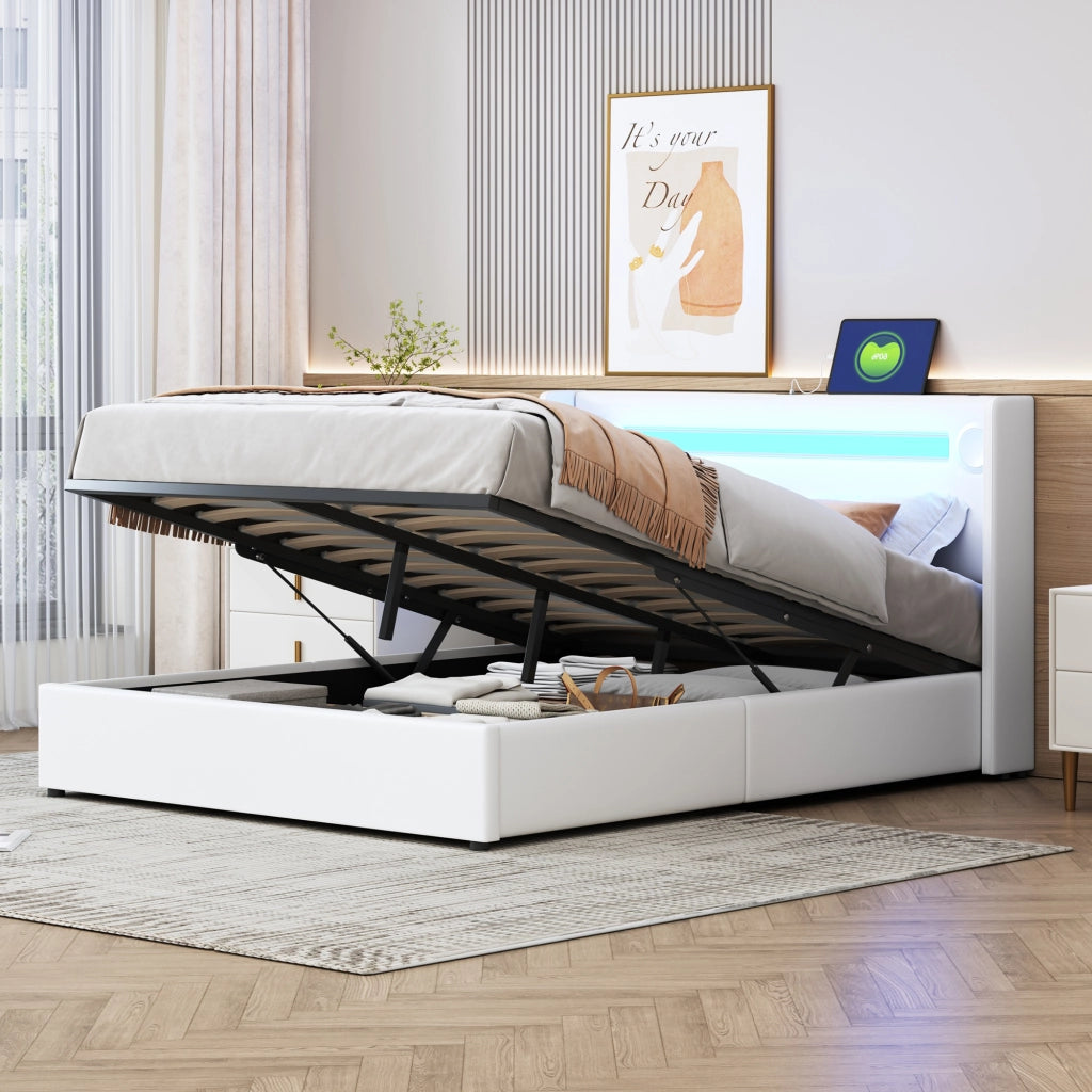 OKWISH Letto Contenitore 140×200 cm, Letto Matrimoniale con LED Regolabile, Bluetooth, USB e Tipo C, senza Materasso, in Ecopelle Bianco