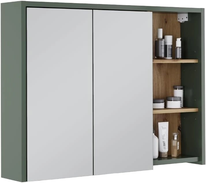 Mobile a specchio per bagno Viola, Verde/Artigianale, 100 x 75 cm con ripiani aperti, per montaggio a parete con ripiani aperti