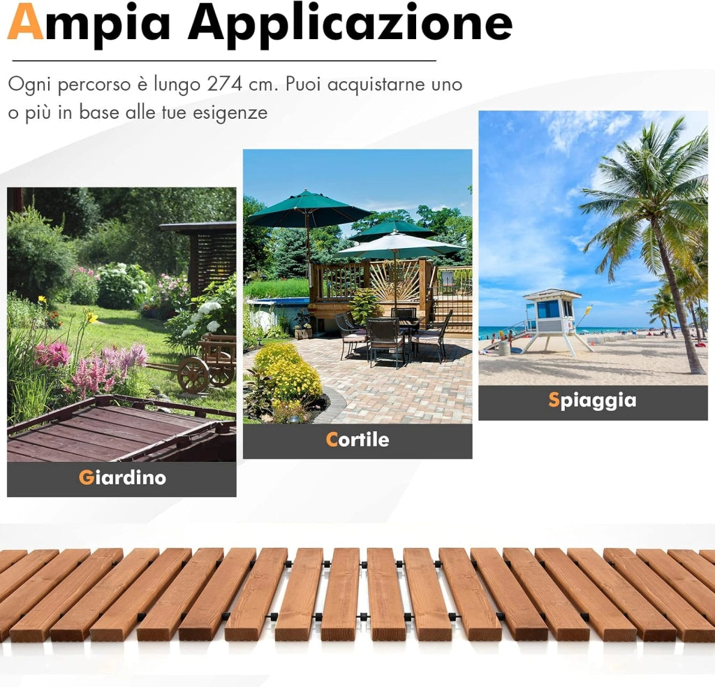 Passerella Arrotolabile per Giardino, Sentiero da Giardino con Filo di Ferro e Consistenza Antiscivolo Resistente alle Intemperie, Percorso in Legno per Cortile e Spiaggia (245 x 43 x 2 cm)