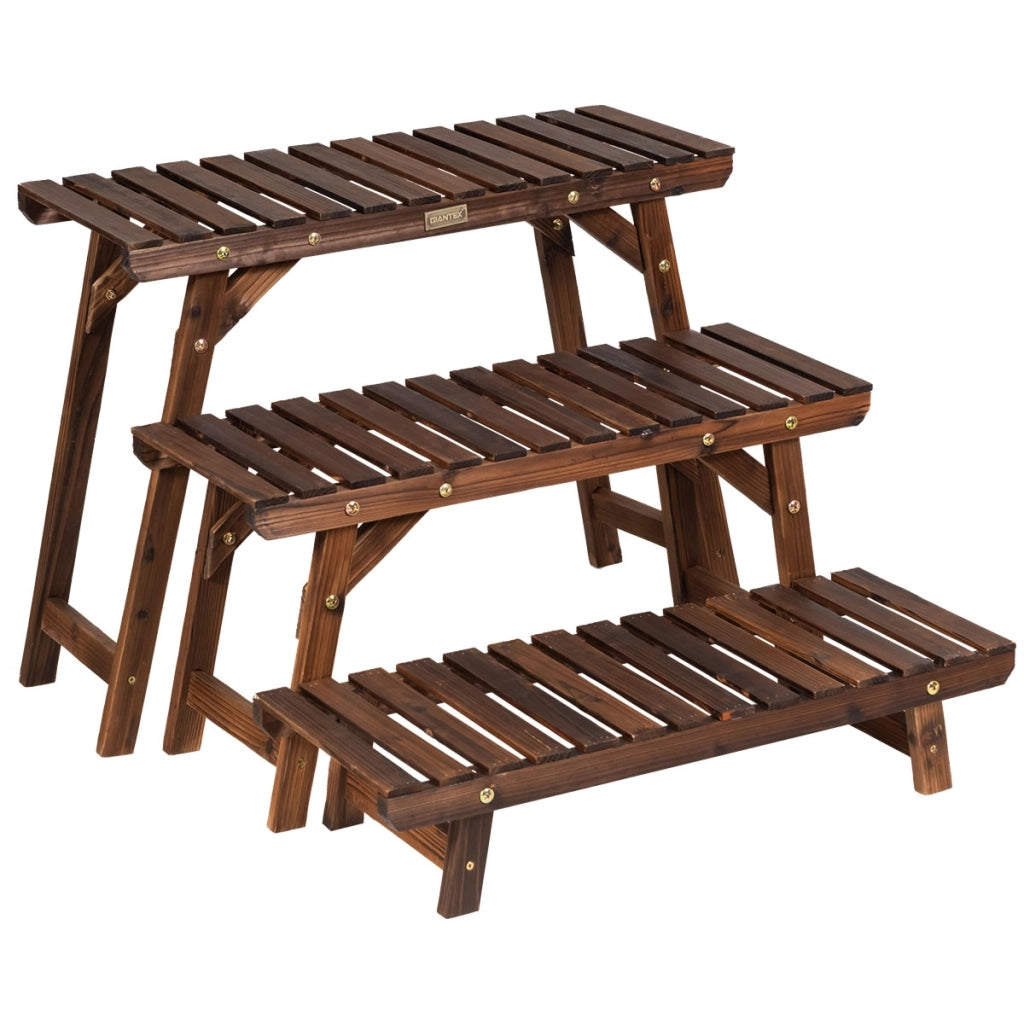 Scaffale angolare di legno per piante con 3 livelli-Scaffale a scala carbonizzato per giardino cortile balcone