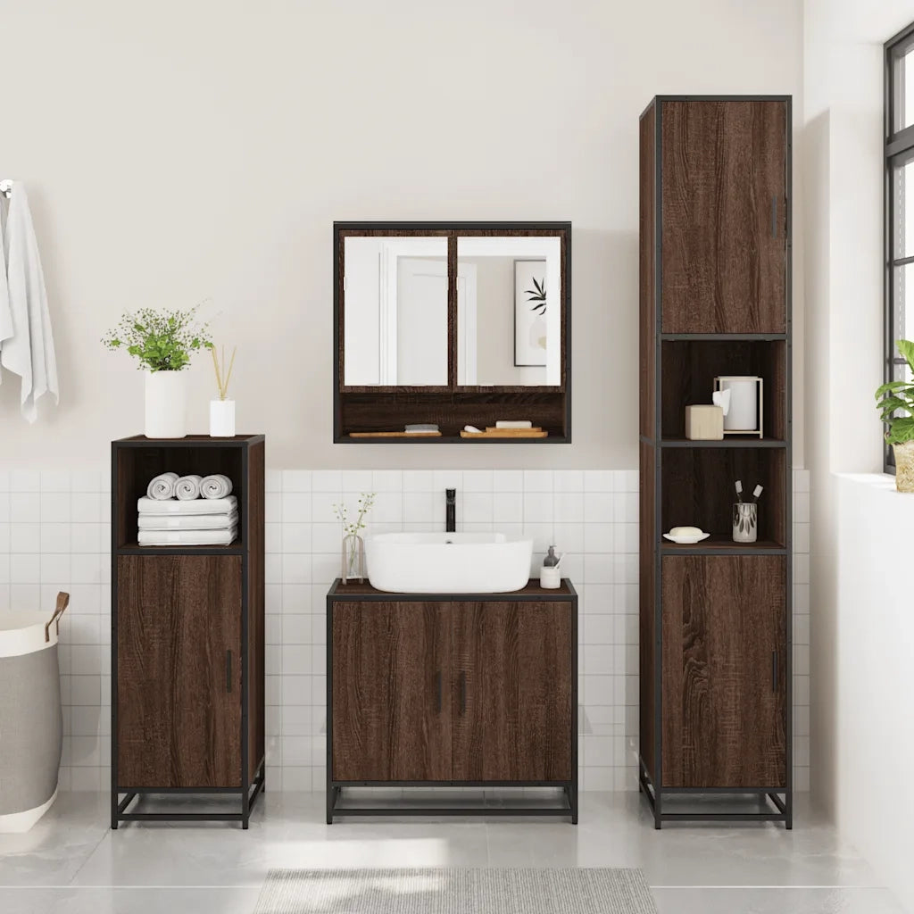 Set Mobili da Bagno 3 pz Rovere Marrone in Legno Multistrato