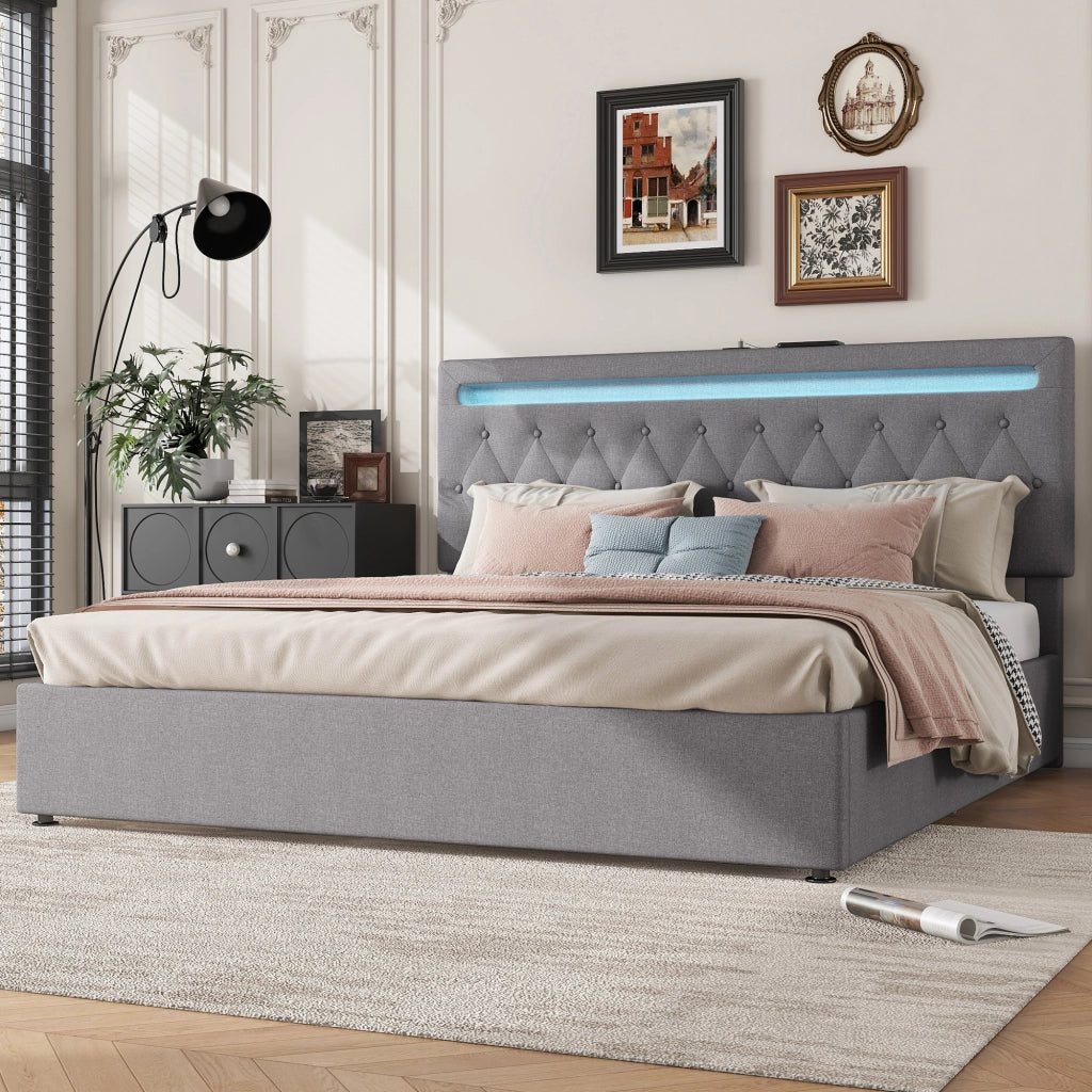 Letto Contenitore Matrimoniale 180x200 cm; USB; LED Regolabile; in Lino; Grigio