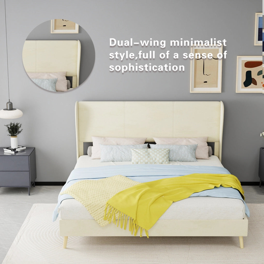 Letto imbottito 160x200 cm beige in tessuto e metallo, con testiera