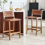 Sgabello da bar set di 2 in legno massiccio con schienale curvo e seduta in corda intrecciata per cucina noce