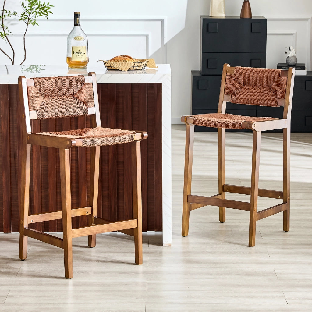 Sgabello da bar set di 2 in legno massiccio con schienale curvo e seduta in corda intrecciata per cucina noce