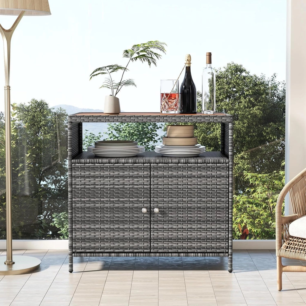 Armadietto da giardino, credenza in rattan, armadio portaoggetti con piano di lavoro e mensola, armadio per giardino, balcone e piscina, 90 x 53 x 86 cm, grigio