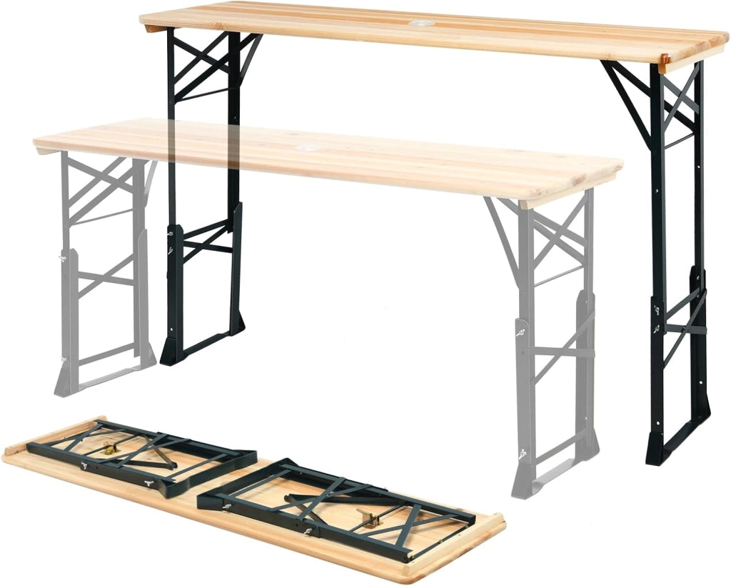 Tavolo da birra da esterno, regolabile in altezza da 75 cm a 105 cm, tavolo da bar da giardino pieghevole, tavolo da picnic con foro per ombrellone, 168,5 x 50 cm (lunghezza x larghezza)