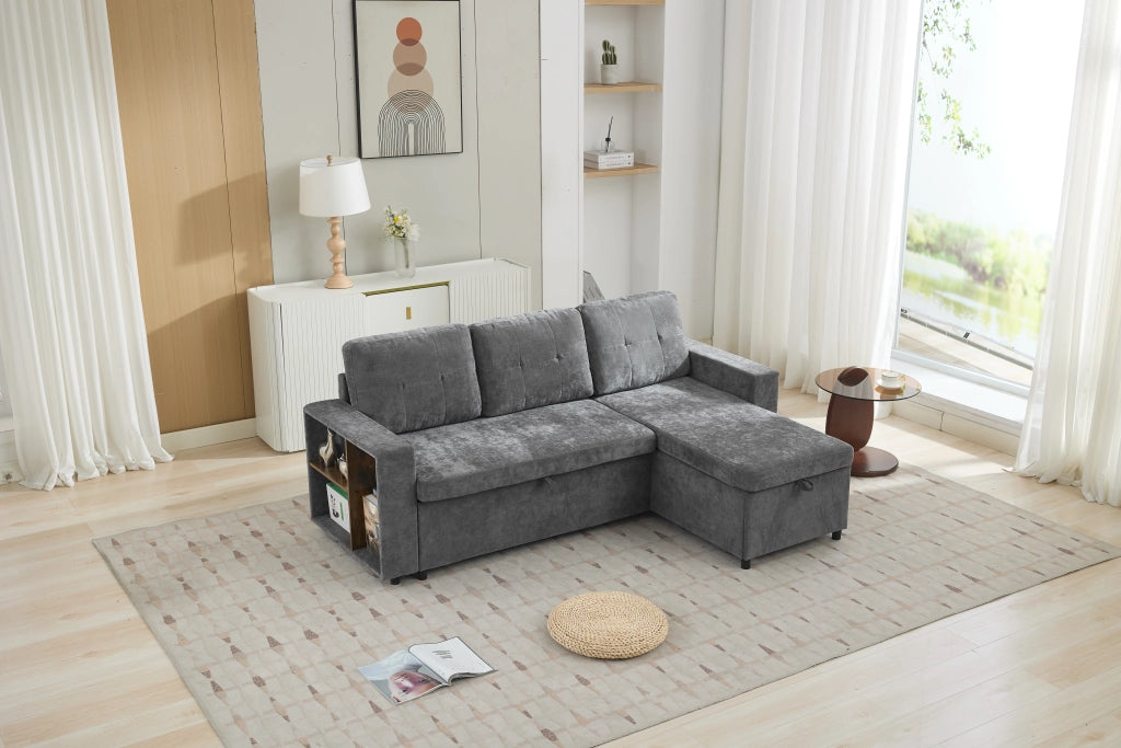 Divano angolare con contenitore e chaise longue reversibile con ripiani in chenille grigio 202 × 136 × 85 cm