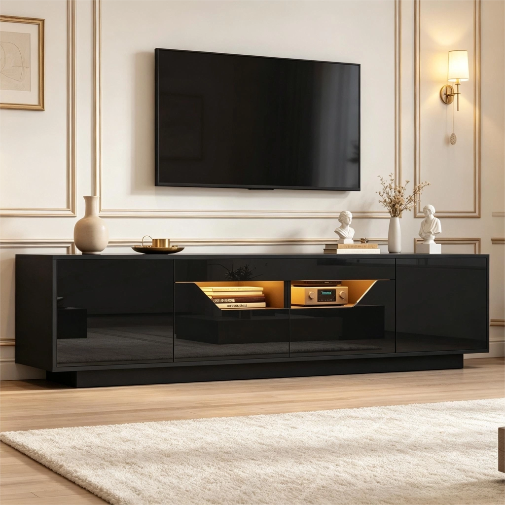 Mobile TV con 2 cassetti; 2 vani e LED - per soggiorno - in truciolare - 180×40×45 cm - nero