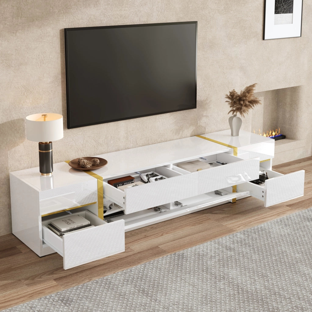 Mobile TV lucido, 4 cassetti, decorazioni a strisce dorate, bianco