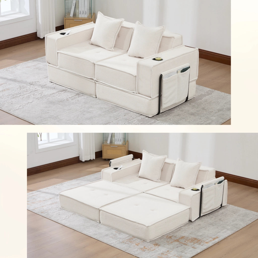 Pouf divano modulare in tessuto effetto corduroy beige, con 2 cuscini e tasche laterali, seduta bassa per relax