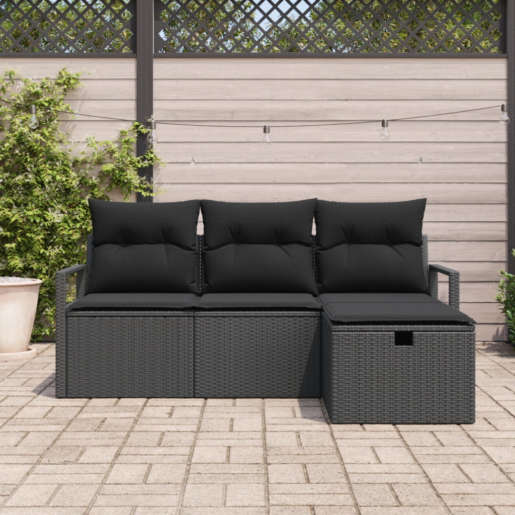 Set Divano da Giardino a 4 Pezzi con Cuscini Rattan Nero