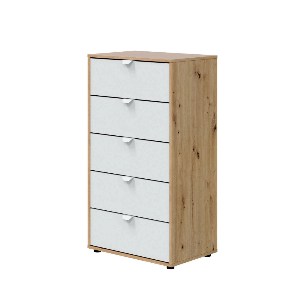 Cassettiera Praha, Settimino multiuso, Comò camera da letto, Mobile con cassetti, 60x40 h109 cm, Bianco e Rovere Nodi