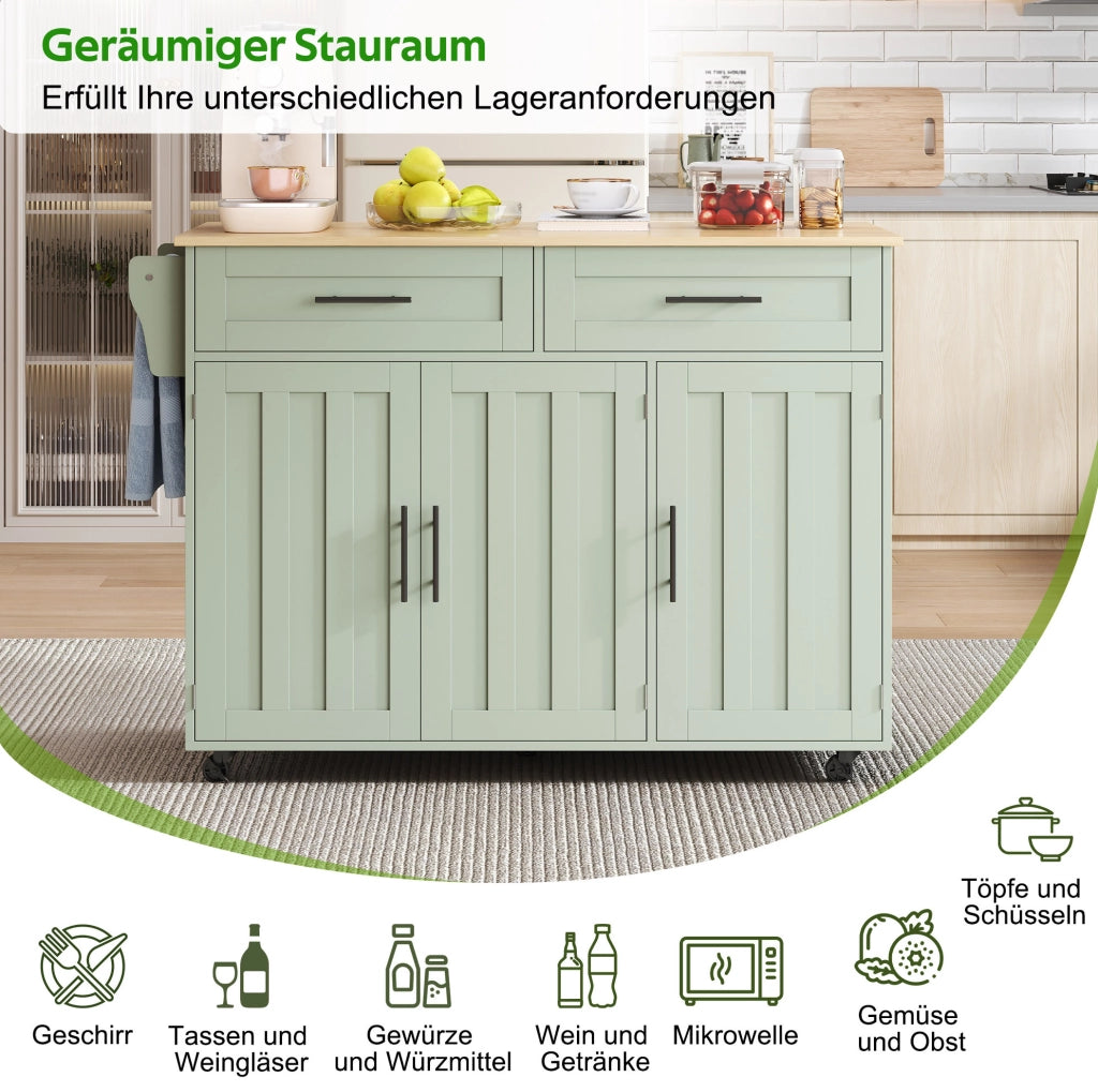 Carrello da cucina multifunzionale con piano pieghevole 129x71x91;5 cm in MDF verde antico