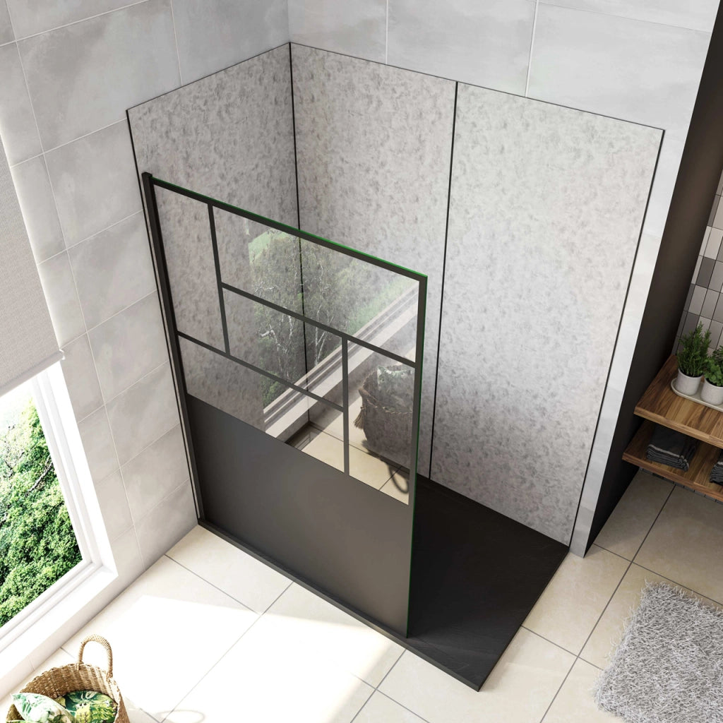 Doccia Walk In Parete Fissa Vetro Temperato 8 mm Anticalcare 120x200cm Semitrasparente Riquadri Nero Serigrafato