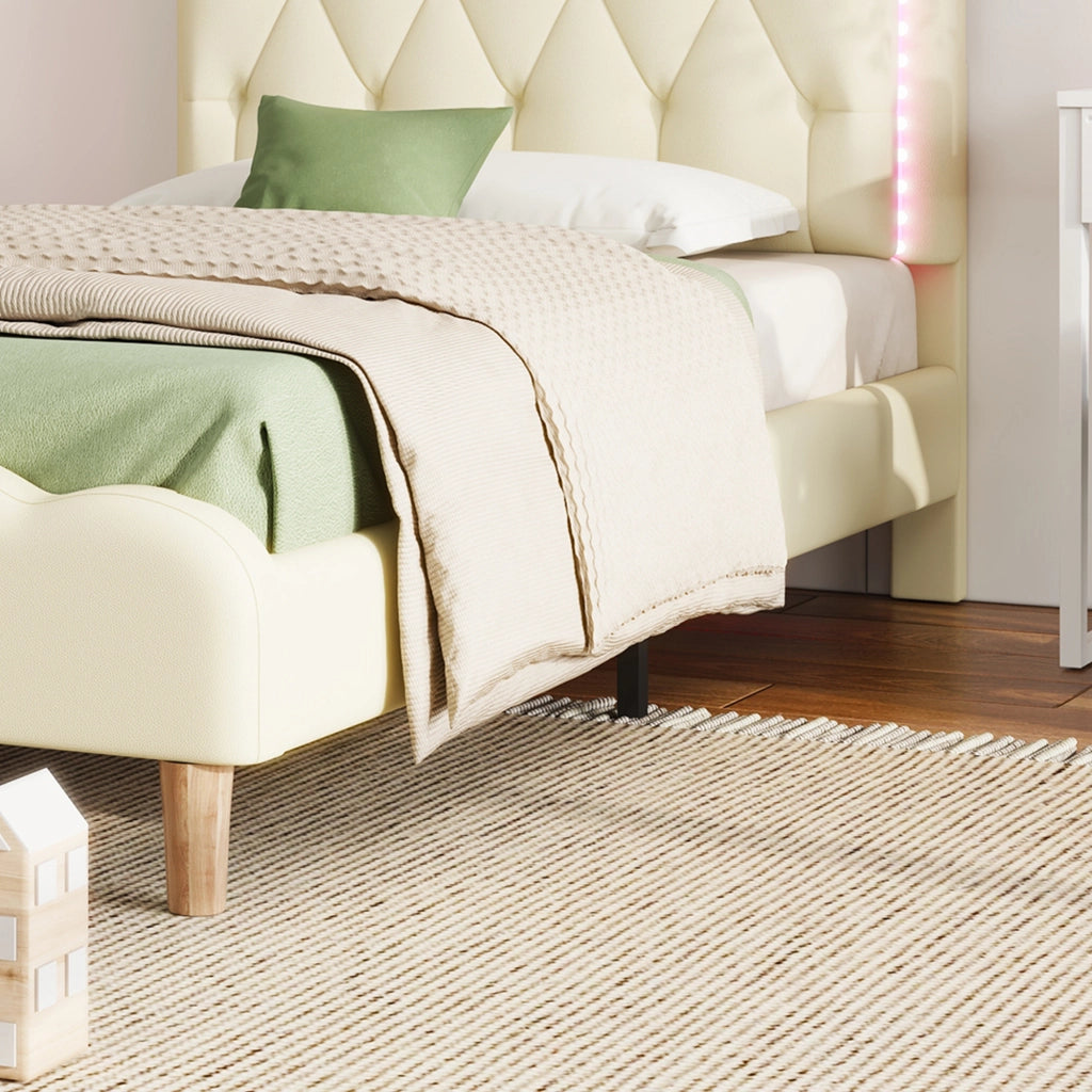 DESMIU Letto singolo 90 × 200 cm con LED multicolore, testiera ondulata e senza materasso, in PU beige