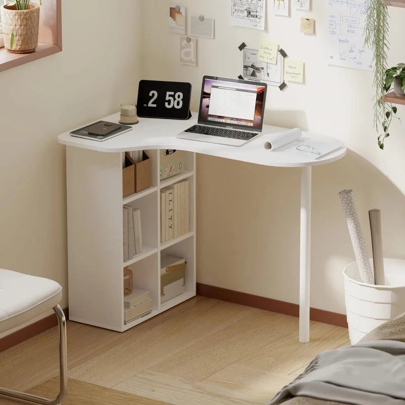 SCRIVANIA PER CAMERA RICURVA CON 6 RIPIANI E 4 SCAFFALI REGOLABILI, IN ACCIAIO E LEGNO, 100X59X75.5 CM, BIANCO