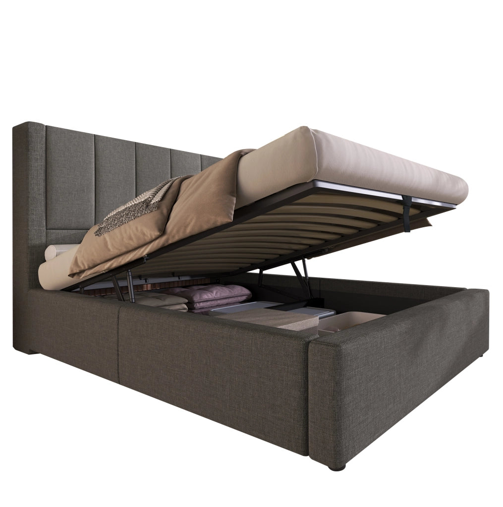 Letto imbottito 90x200 cm con vano contenitore idraulico; USB/Type-C e materasso; grigio