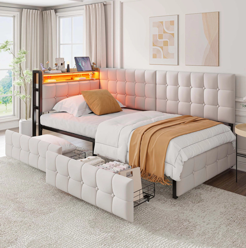 LETTO Imbottito 90 x 200 cm Beige con 2 Cassetti, LED e porte USB/Type-C