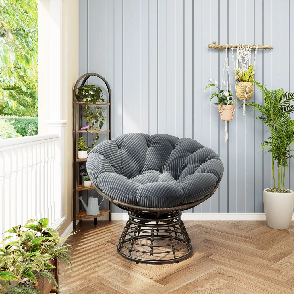 Poltrona Papasan Girevole a 360° Design Ergonomico con Cuscino Imbottito Spesso in Acciaio; Rattan PE e Velluto Grigio