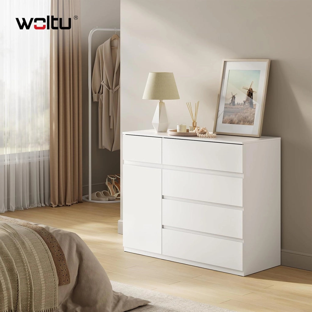 Cassettiera Camera da Letto, Mobiletto Salvaspazio con 5 Cassetti e 1 Armadietto, Ripiano Regolabile, per Soggiorno, Ingresso, 100x40x80 cm, Bianco